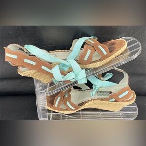 Salvatore Ferragamo Women's Brown & Aqua Lace Up Woven Wedge Sandals